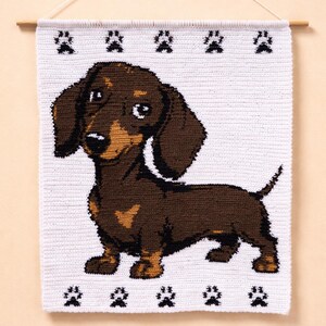 May include: A handmade wall hanging featuring a crocheted dachshund dog in shades of brown and tan against a white background. Black paw prints border the top and bottom. The artwork is suspended from a wooden dowel.