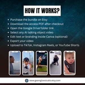May include: Graphic with the text "HOW IT WORKS?" and steps for a digital product. Includes images of smartphones displaying video examples. The website address www.geamglowstudio.etsy.com is also visible.