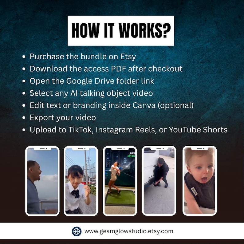 May include: Graphic with the text "HOW IT WORKS?" and steps for a digital product. Includes images of smartphones displaying video examples. The website address www.geamglowstudio.etsy.com is also visible.