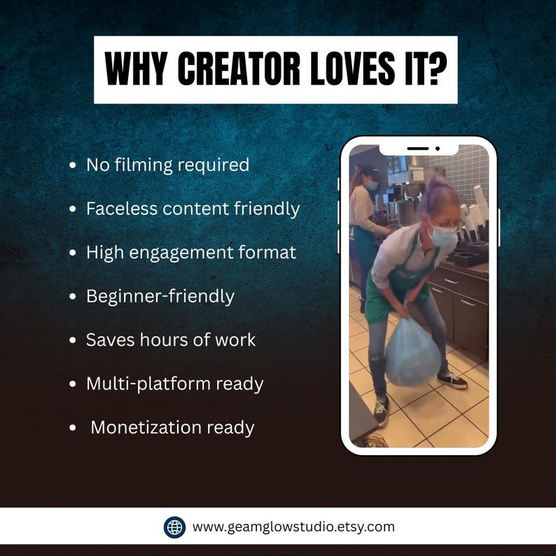 May include: A promotional graphic with the text "WHY CREATOR LOVES IT?" and bullet points about content creation. A phone displays a person in a cafe. The website www.geamglowstudio.etsy.com is at the bottom.