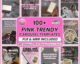 100+ Pink Instagram Carousel Templates | Faceless Marketing | Editable Canva | MRR + PLR | Cute Girly Aesthetic