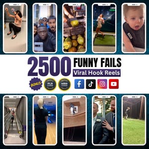 May include: A promotional image for "2500 Funny Fails Viral Hook Reels." The image is a collage of various short video clips displayed within smartphone frames. The text includes "BONUS," "PLR Premium," "MRR Premium," and social media icons for Facebook, TikTok, Instagram, and YouTube.
