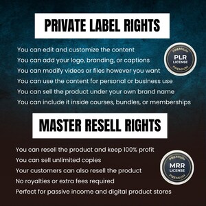 May include: A digital product advertisement with the text "PRIVATE LABEL RIGHTS" and "MASTER RESELL RIGHTS". The image lists the benefits of each license type, including customization, branding, and reselling options. Premium PLR and MRR license badges are also displayed.