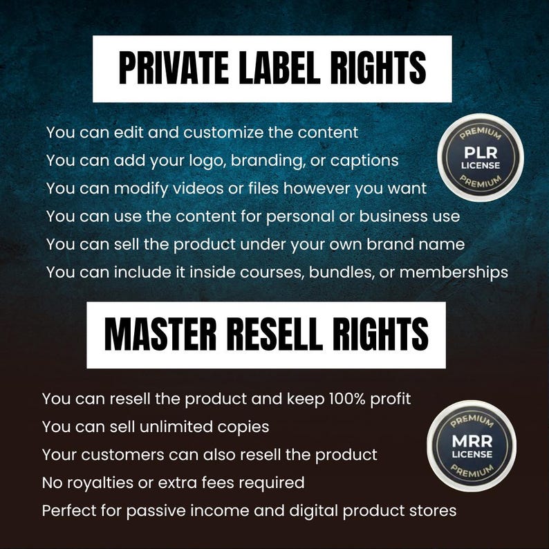 May include: A digital product advertisement with the text "PRIVATE LABEL RIGHTS" and "MASTER RESELL RIGHTS". The image lists the benefits of each license type, including customization, branding, and reselling options. Premium PLR and MRR license badges are also displayed.