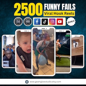 May include: An advertisement for "2500 Funny Fails Viral Hook Reels" with a teal and yellow background. The image features several smartphones displaying short video clips. Social media icons and the text "BONUS" are also present.