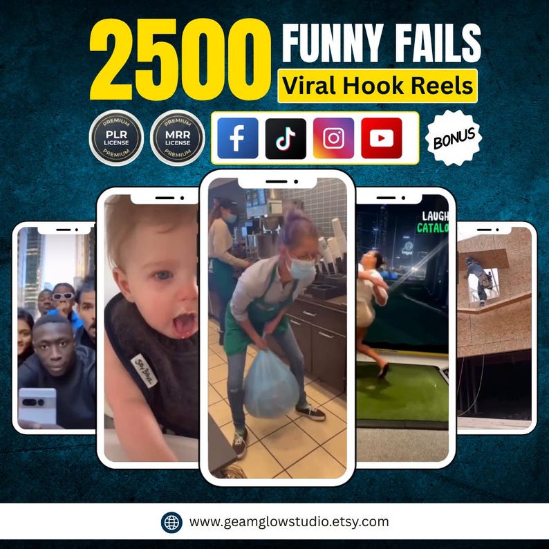 May include: An advertisement for "2500 Funny Fails Viral Hook Reels" with a teal and yellow background. The image features several smartphones displaying short video clips. Social media icons and the text "BONUS" are also present.