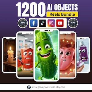 May include: An advertisement for a digital art bundle. The image shows five smartphone screens with animated food characters. The text "1200 AI OBJECTS Reels Bundle" and social media icons are displayed. The website address www.geamglowstudio.etsy.com is also visible.