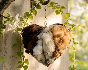 Rustic Alpaca Fiber Bird Nesting Material Holder Heart Refillable Hanging Wildlife