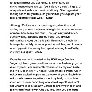 May include: Text from testimonials about yoga, including quotes from Sarah and Shelly, and a third quote from Sarah W. The text is on a white background with the word "TESTIMONIALS" at the top and the number "5" at the bottom.