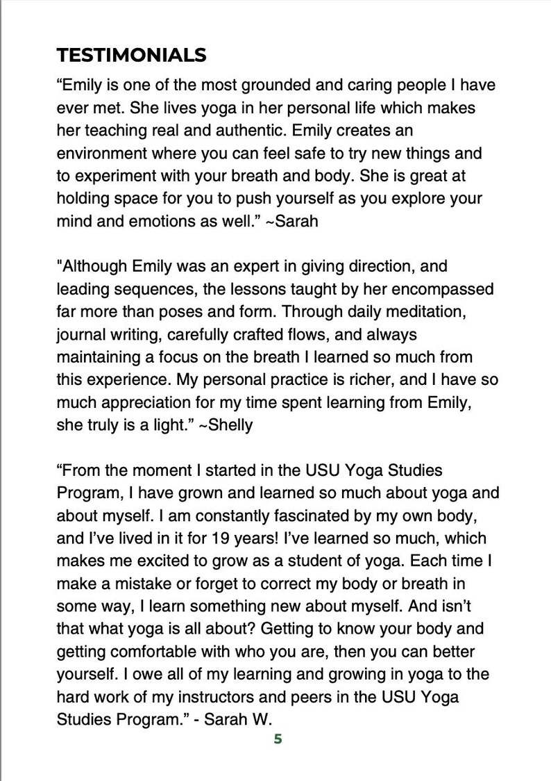 May include: Text from testimonials about yoga, including quotes from Sarah and Shelly, and a third quote from Sarah W. The text is on a white background with the word "TESTIMONIALS" at the top and the number "5" at the bottom.