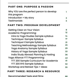May include: A white page with a table of contents for a program. The title "CONTENTS" is at the top in green. The table lists sections like "Purpose & Passion" and "Program Development" with corresponding page numbers.