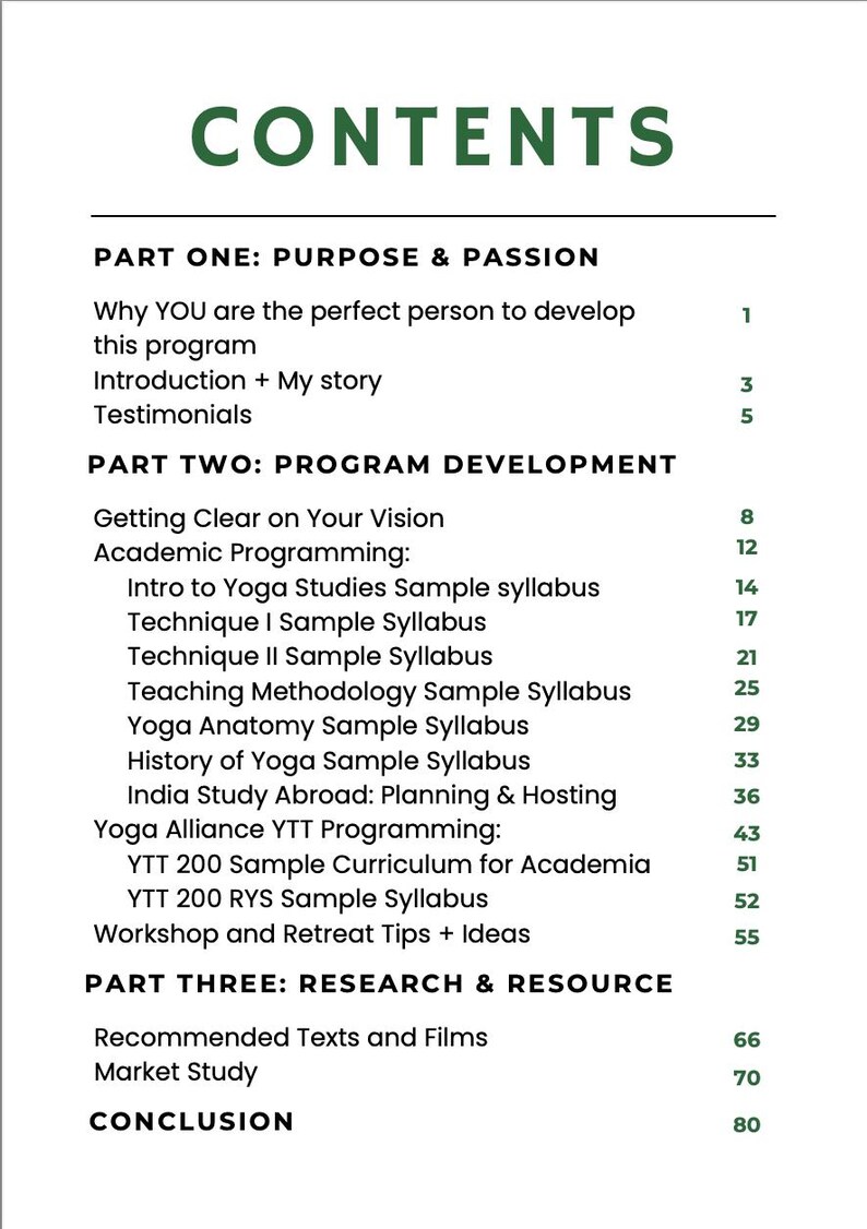 May include: A white page with a table of contents for a program. The title "CONTENTS" is at the top in green. The table lists sections like "Purpose & Passion" and "Program Development" with corresponding page numbers.