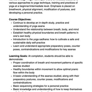 May include: A page from a yoga course syllabus titled "Sample Syllabi: Technique II." The text describes course objectives, learning goals, and the focus on breathwork, physical alignment, and personal practice.