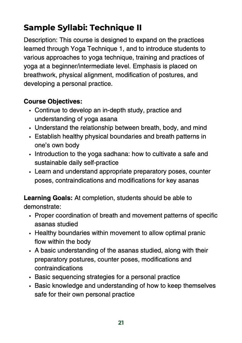 May include: A page from a yoga course syllabus titled "Sample Syllabi: Technique II." The text describes course objectives, learning goals, and the focus on breathwork, physical alignment, and personal practice.