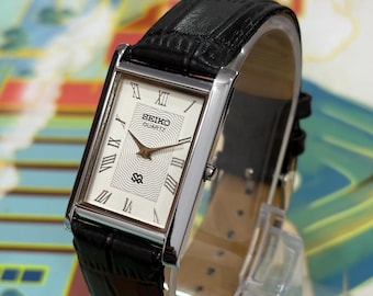 Vintage Seiko Slim Tank Style Watch for Men, Quartz Rectangle Case, White Dial, Refurbished unisex wristwatch