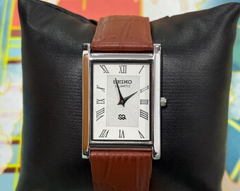 Vintage Seiko Men’s Tank Style Watch, Slim Quartz, Rectangle Case, White Dial
