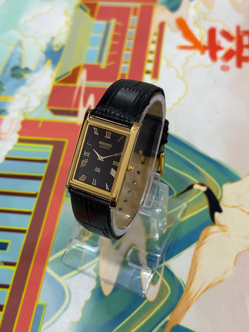 Vintage Seiko Slim Tank Quartz Watch, Gold Plated Men Dress Watch with Black Dial image 1