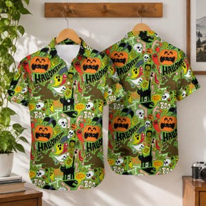 Funny Halloween Hawaiian Shirt for Men, Green Monster Zombie Button Down Shirt, Retro Cartoon Graphic Shirt, Spooky Season Party Outfit