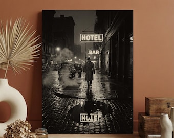 Noir Wall Art, Vintage Street Photography Canvas, Black and White Home Decor, Cinematic Detective Poster, Rainy City Street Wall Art
