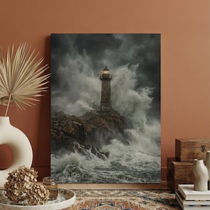 Lighthouse Wall Art, Stormy Ocean Canvas Print, Nautical Home Decor, Crashing Waves Photography, maritime Wall Art, Large Sea Storm Decor