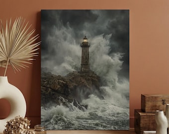 Lighthouse Wall Art, Stormy Ocean Canvas Print, Nautical Home Decor, Crashing Waves Photography, maritime Wall Art, Large Sea Storm Decor