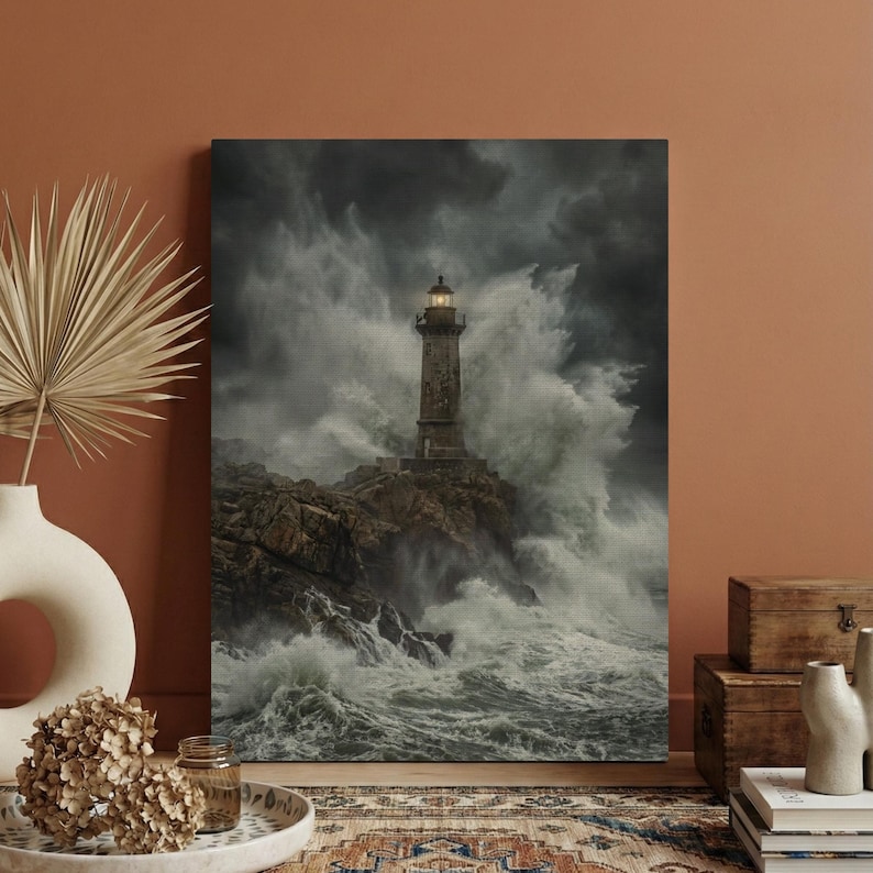 Lighthouse Wall Art, Stormy Ocean Canvas Print, Nautical Home Decor, Crashing Waves Photography, maritime Wall Art, Large Sea Storm Decor image 1