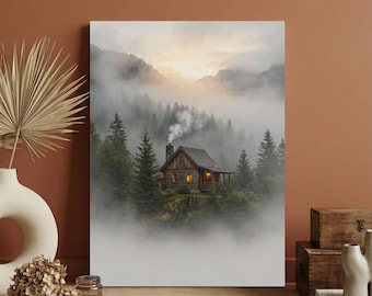 Cozy Log Cabin Wall Art, Misty Pine Forest Canvas Print, Foggy Mountain Landscape Decor, Warm Cabin in Woods Poster, Nature Lover Gift Art