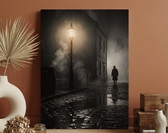 Moody Noir Detective Wall Art, Cinematic Rainy Street Canvas Print, Vintage Night Decor, Mystery Urban Poster Art Print, Foggy City Art