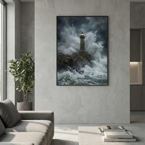 May include: A framed print of a lighthouse on a rocky coast, battling a stormy sea. The lighthouse is gray and white, with a light at the top. The waves are crashing against the rocks, creating a dramatic scene. The sky is dark and cloudy.
