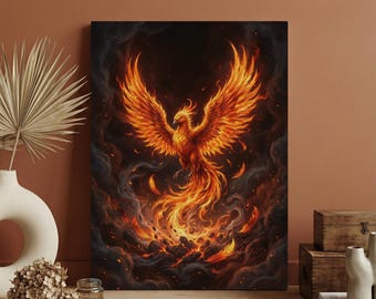 Phoenix Rising Wall Art, Fire Bird Canvas Print, Mythological Rebirth Decor, Large Fantasy Wall Art, Flaming Phoenix Poster, Mythical Art