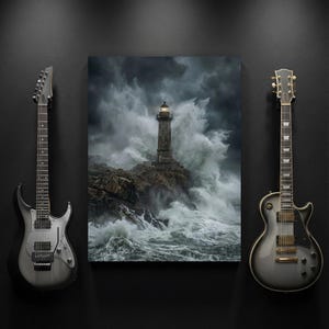 May include: A dramatic image features a canvas print of a lighthouse battling stormy waves, flanked by two silver electric guitars. The guitars have dark grey bodies and are set against a black background, creating a striking contrast.