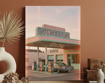 Vintage Sunset Gas Station Wall Art, Retro Americana Canvas Print, Pastel Pink Mint Decor, Classic Car Photography Poster, Wall Decoration