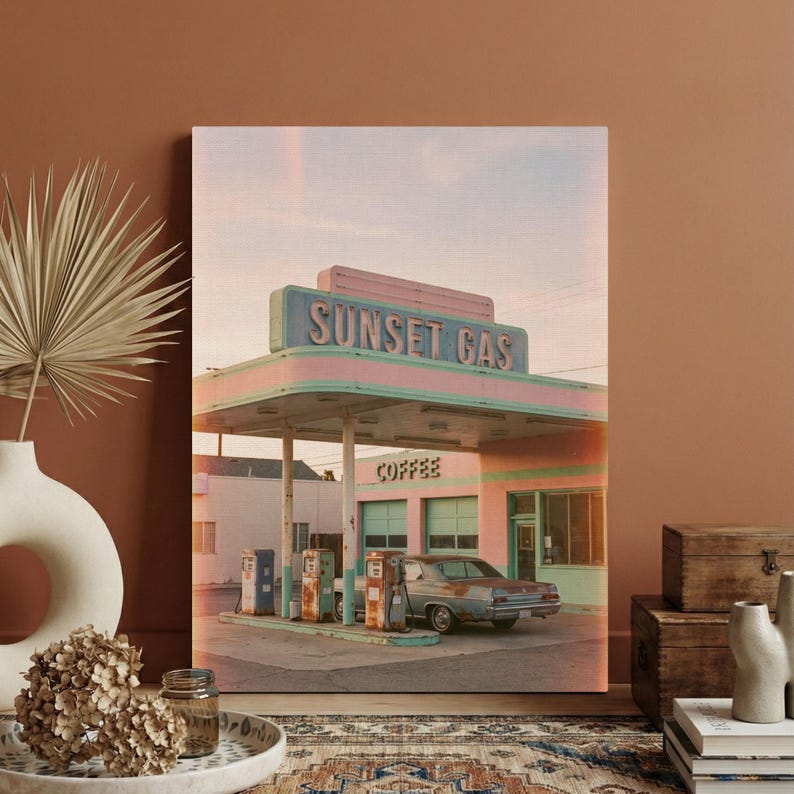 Vintage Sunset Gas Station Wall Art, Retro Americana Canvas Print, Pastel Pink Mint Decor, Classic Car Photography Poster, Wall Decoration image 1