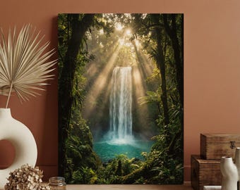 Jungle Waterfall Wall Art, Tropical Nature Canvas Print, Sunbeam Forest Decor, Exotic Landscape Wall Art, Canvas Wall Decor