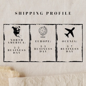 May include: A graphic displaying a "SHIPPING PROFILE" header. Below are three framed sections with a map of North America, a globe, and an airplane. Each section lists the region and the estimated delivery time in business days.