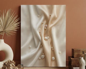 Luxury Silk Wall Art, Champagne Satin Canvas Print, Elegant Pearl Fabric Decor, Minimalist Glamorous Art, Large Feminine Bedroom Wall Art