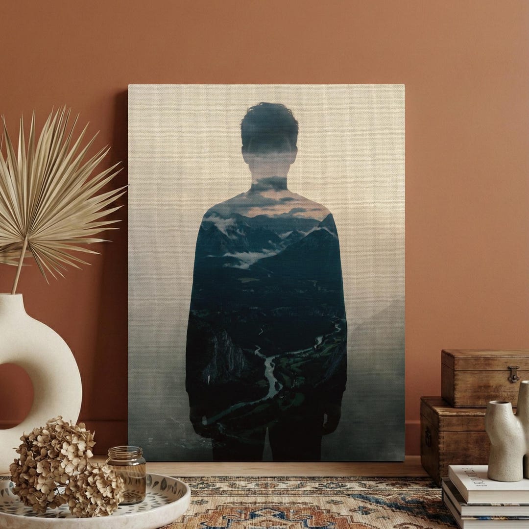 Double Exposure Wall Art, Mountain Landscape Canvas, Silhouette Nature ...