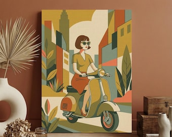 Vintage Retro Woman on Scooter Wall Art, Mid-Century Modern Cityscape Canvas Print, 60s Style Travel Poster Decor, Large Minimalist Chic Art