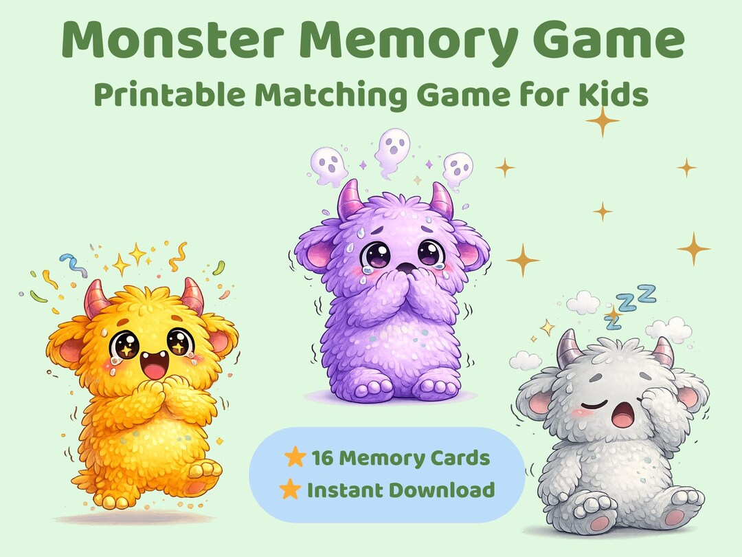 Monster Memory Game: Printable Matching Cards for Kids (digital ...