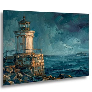 May include: An oil painting on canvas depicting a white lighthouse standing on a rocky shore during a rainstorm. The scene features thick, textured brushstrokes in shades of deep blue, teal, and white, with a small boat visible on the horizon.