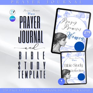 May include: Digital prayer journal and Bible study template. The design features the text "Prayer Journal and Bible Study Template" in a bold, black font. The image includes a tablet displaying the journal with the text "Prayer and Promises for Women".