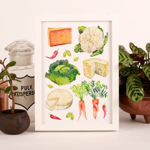 Cheese and vegetable print, food wall art, food illustration