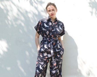 Pigeon black jumpsuit, jumpsuit women casual, bird print fabric, jumpsuit women, button down women