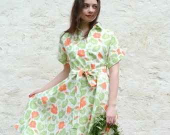 Nasturtium linen shirt dress, floral shirt dress, linocut dress