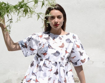 Pigeon white smock dress, pigeon dress, bird dress, smock dress women, bird print fabric, pigeon gift