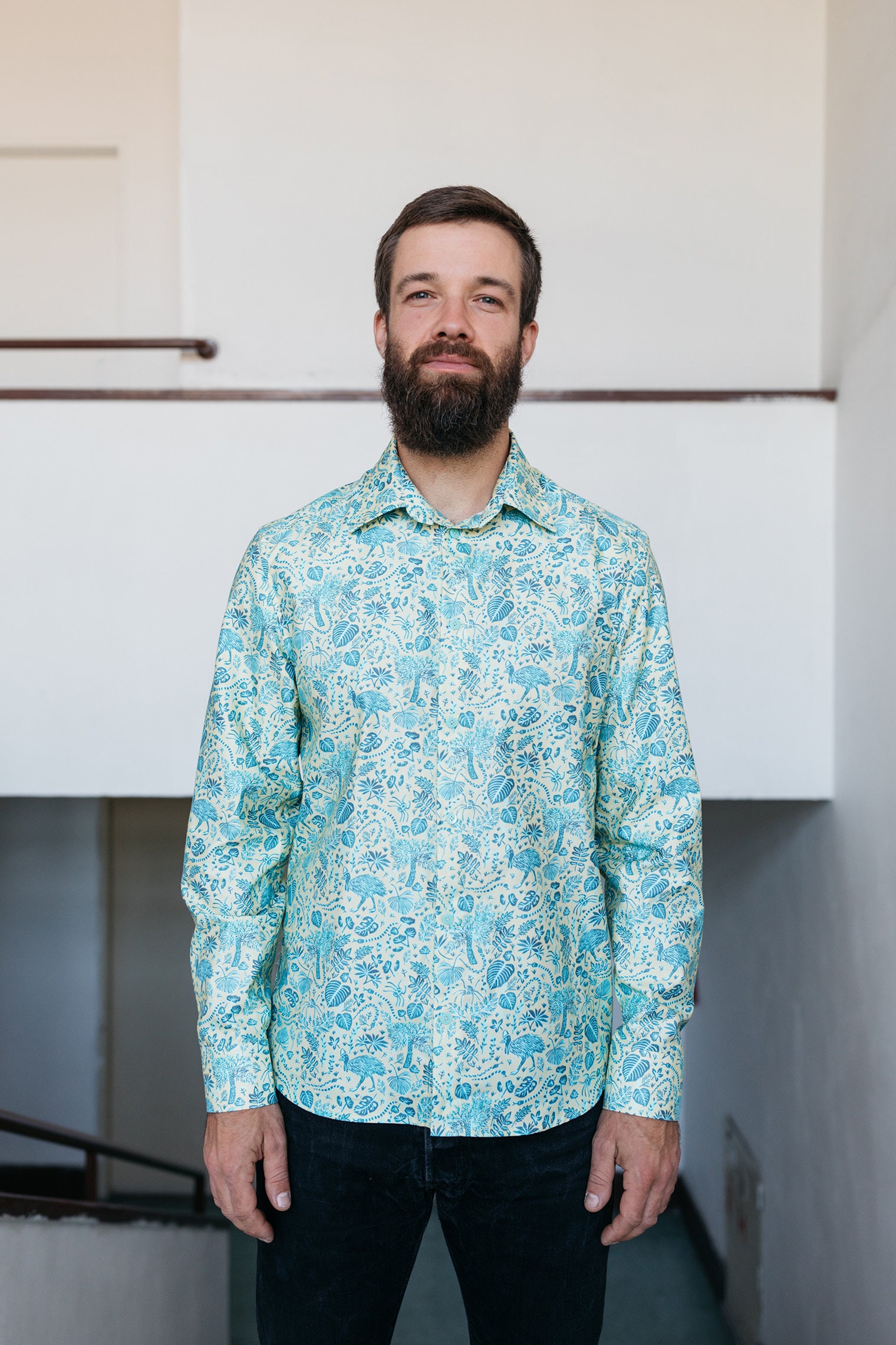 Image of Handmade Australian Jungle Linocut Men's Shirt, Printed Shirt