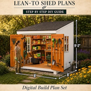 May include: Lean-to shed plans digital build plan set featuring a white structure with a dark roof, wooden doors, and interior shelving. The shed measures 2.44 metres wide, 2.44 metres deep, and 2.79 metres tall, shown with garden tools and equipment.