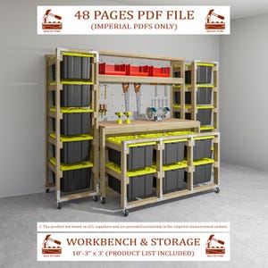 Op de afbeelding: Een houten werkbank en opbergeenheid met meerdere planken en bakken. De eenheid bevat een werkbank met gereedschap en een pegboard. De tekst "WORKBENCH & STORAGE 3.13m x 0.91m (PRODUCT LIST INCLUDED)" is zichtbaar. De afbeelding bevat ook de tekst "48 PAGES PDF FILE (IMPERIAL PDFS ONLY)".