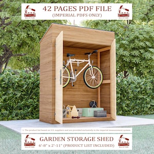 Pode incluir: Um galpão de jardim de madeira com uma bicicleta dentro. O galpão tem portas abertas e um telhado inclinado. O texto na imagem diz "42 PAGES PDF FILE (IMPERIAL PDFS ONLY)" e "GARDEN STORAGE SHED 2.03m x 0.89m (PRODUCT LIST INCLUDED)".