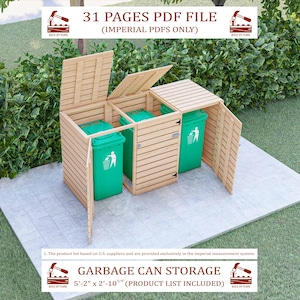 Puede incluir: Unidad de almacenamiento de botes de basura de madera con tres compartimentos, cada uno con un bote de basura verde. La unidad mide 157.5 cm x 88.3 cm e incluye una lista de productos. El texto "GARBAGE CAN STORAGE" es visible.